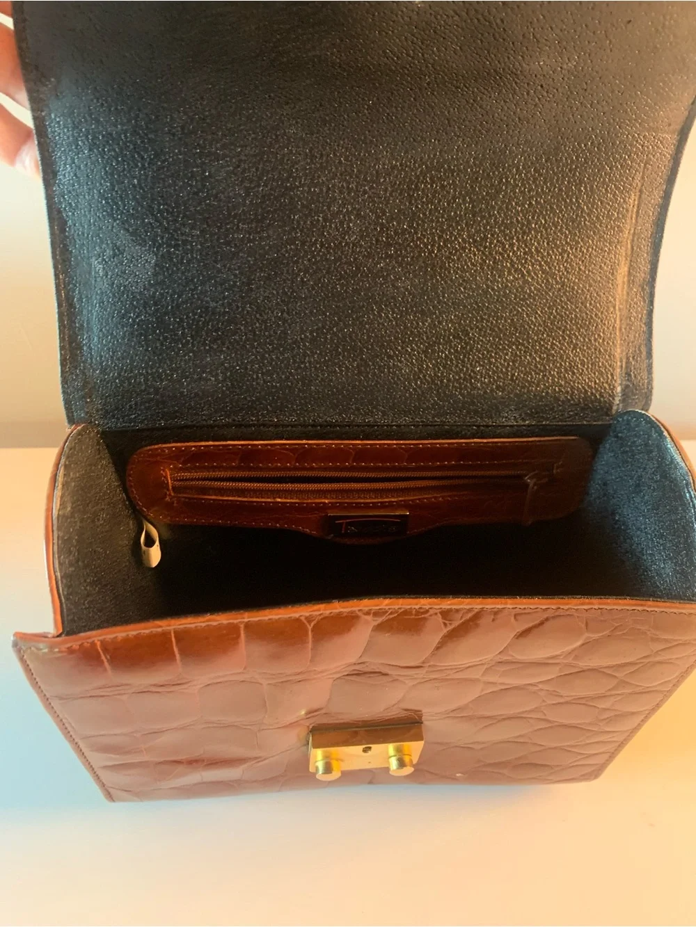 Talbots Structured Croc-Embossed Satchel in Brown. Gold hardware.